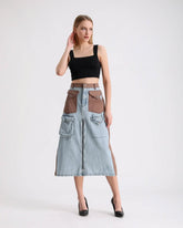 Fermuar Detaylı ve Çok Cepli Patchwork Denim Etek 7719 - Kot & Taba